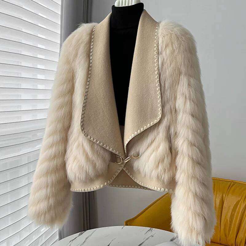 Fashion Faux Fox Fur Coat for Women's 2025 New Autumn Winter Lapel High-End Short Double-Sided Woolen Cardigan Jacket Female