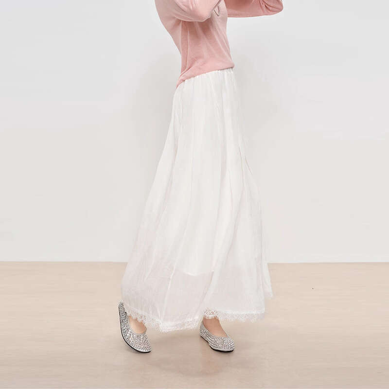 Black Dress Party Dresses for Women Women Dress 967 Summer New 2025 Lightweight Ramie Woven Lace Trim Elastic Waist Midi Skirt French Elegant Style