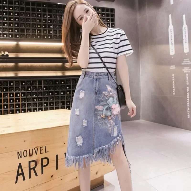 Female Jeans Skirts Fringe Midi High Quality Korean Style Streetwear New In Clothing Sales Vintage Casual Womens Denim Skirt