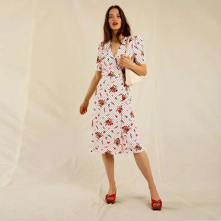 Tender Whitedress Robe 114#zhang Jiani Same Style Summer New 2025 Printed Floral Tea Dress French Short Sleeve V-neck