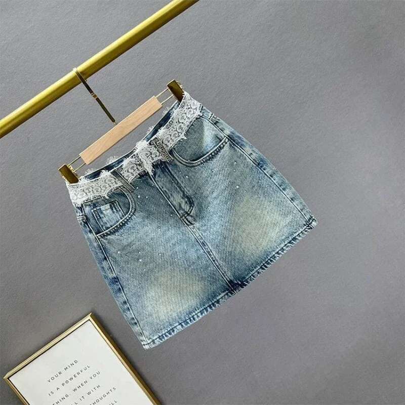 Tight Rhinestone Jeans Skirts for Women Aesthetic High Quality Clothing Trend 2025 Streetwear Cheap Vintage Woman Denim Skirt
