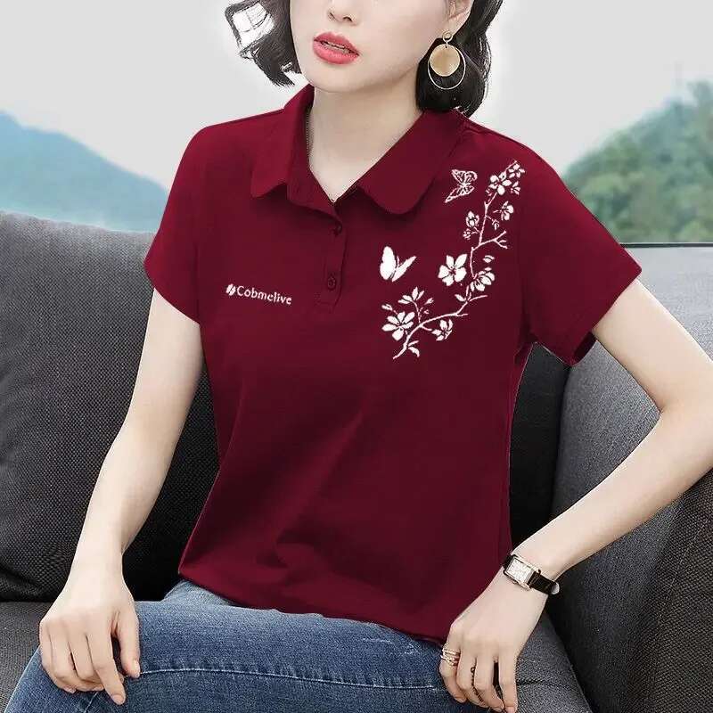 Short Sleeve Polo Neck T Shirt for Women Cotton Woman Tshirt Womens T-shirt Clothing Sales in Trend 2025 Y2k Fashion Youth