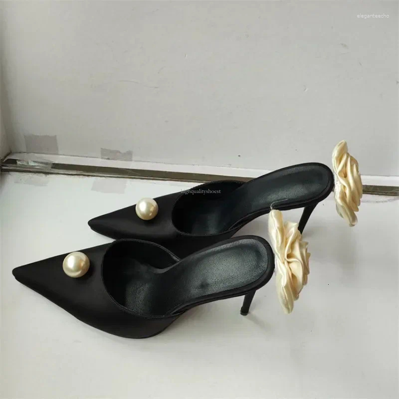 2025 S Fashion Designer Sandals Brand Pointed Women S Single Shoes Slim Heels Big Wer Leather Outwear Slippers Banquet Pearl