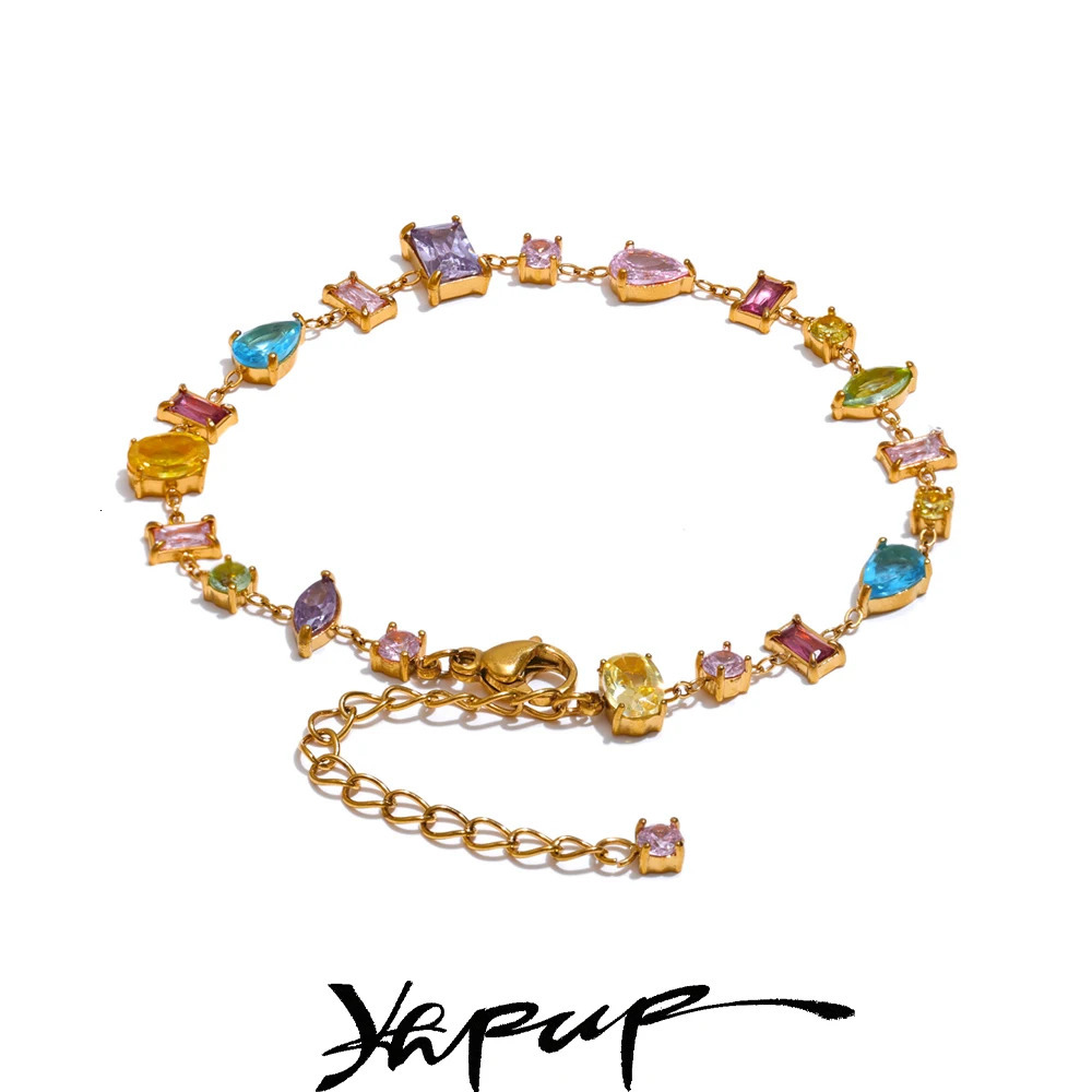 Yhpup Waterproof Gift Delicate Colorful Cubic Zirconia Chain Chic Bracelet Bangle Women Stainless Steel Wrist Jewelry 250603