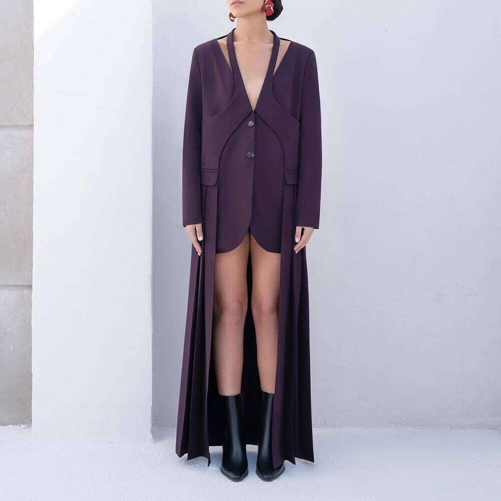 Designer Clothing 2025 Solid Irregular Hem Chic Blazer For Women V Neck Long Sleeve Patchwork Button Temperament Overcoats Female New
