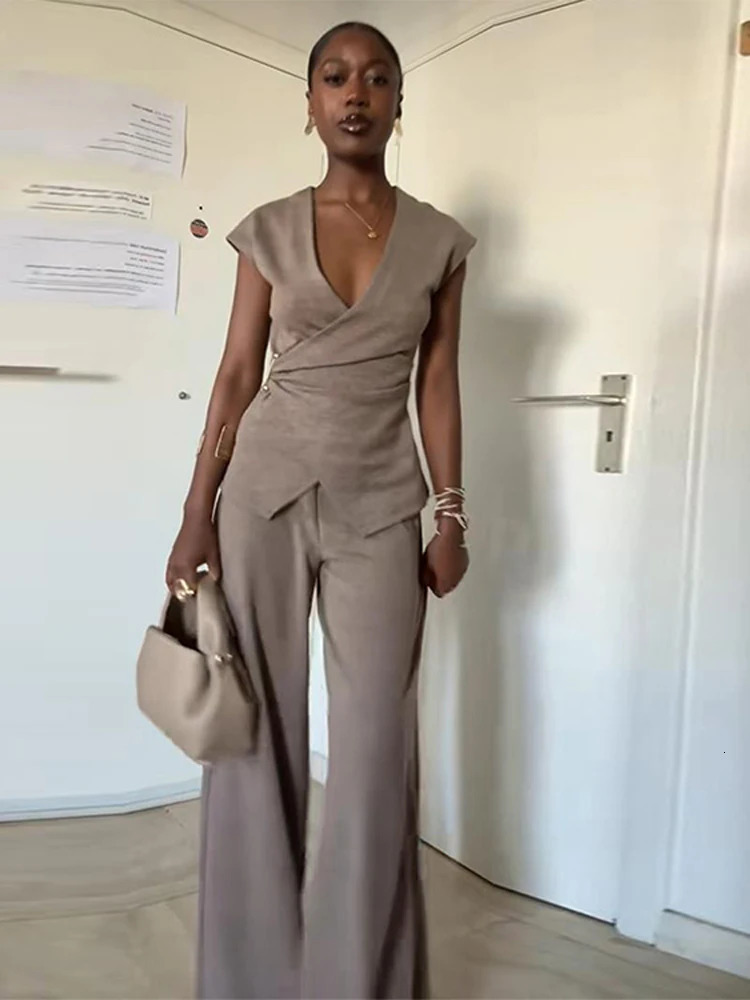 Pin Double Breasted V-neck Top Pants Womens Set Sleeveless Top Wide Leg Mid Waist Trousers Spring Summer Commuting Office Suit 250616