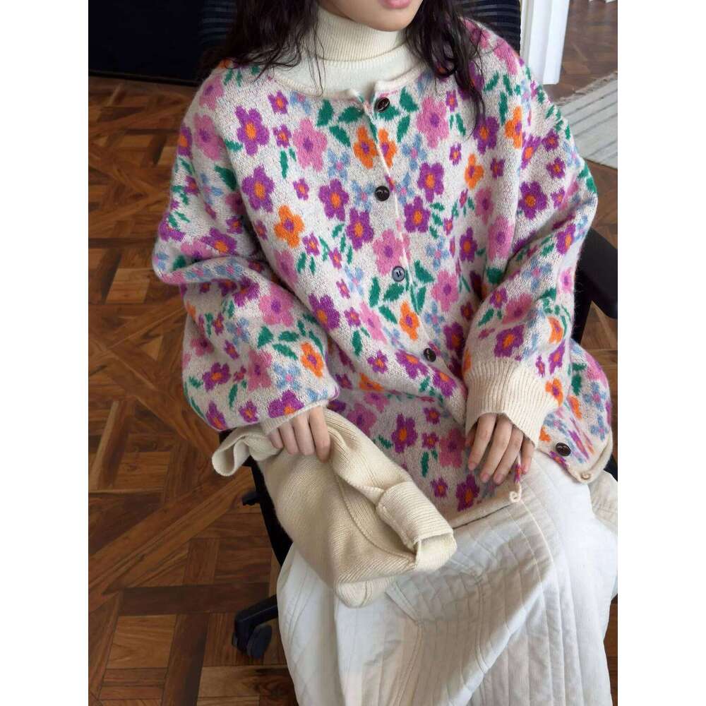 Autumn and winter women's casual floral round neck long sleeved loose cardigan sweater