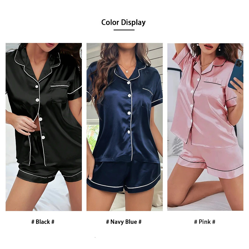 Summer Silk Satin Women Pajamas Set Button Down Top Shorts 2 Pieces Sleepwear Notched Collar Nightwear Loungewear for Women 250616