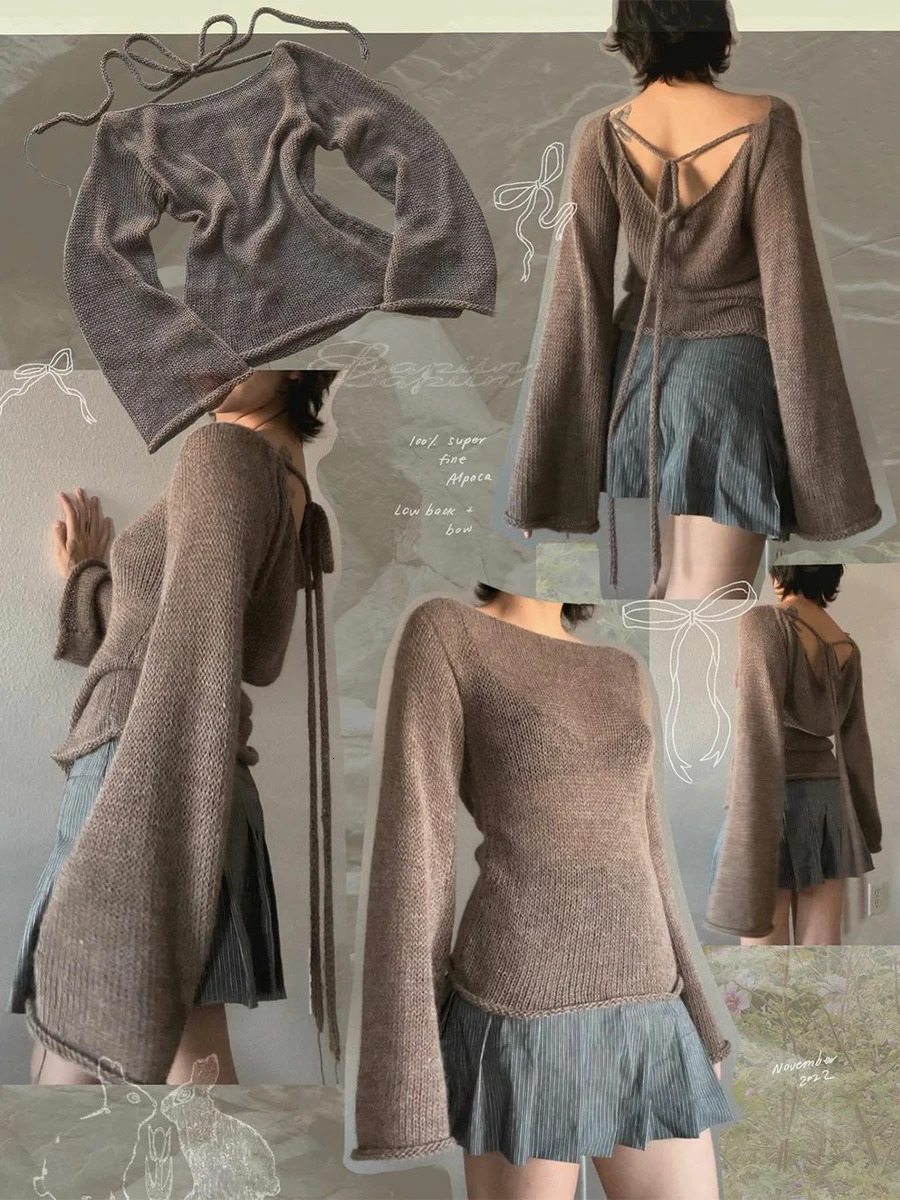 Retro Backless Tie Back Sweaters Knitted Sweater Women Bandage Jumpers Autumn Outfits Streetwear 250614