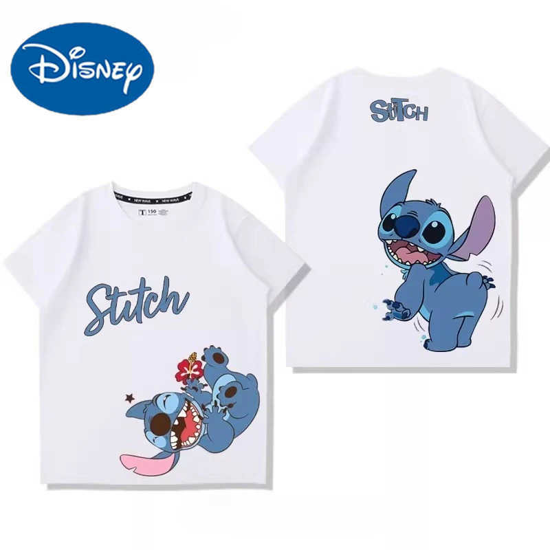 Disney Childrens Summer Cute Versatile T-shirt Stitch Cartoon Creative Printing 100% Cotton T-shirt Comfortable Soft Fashion T-shirt W250617
