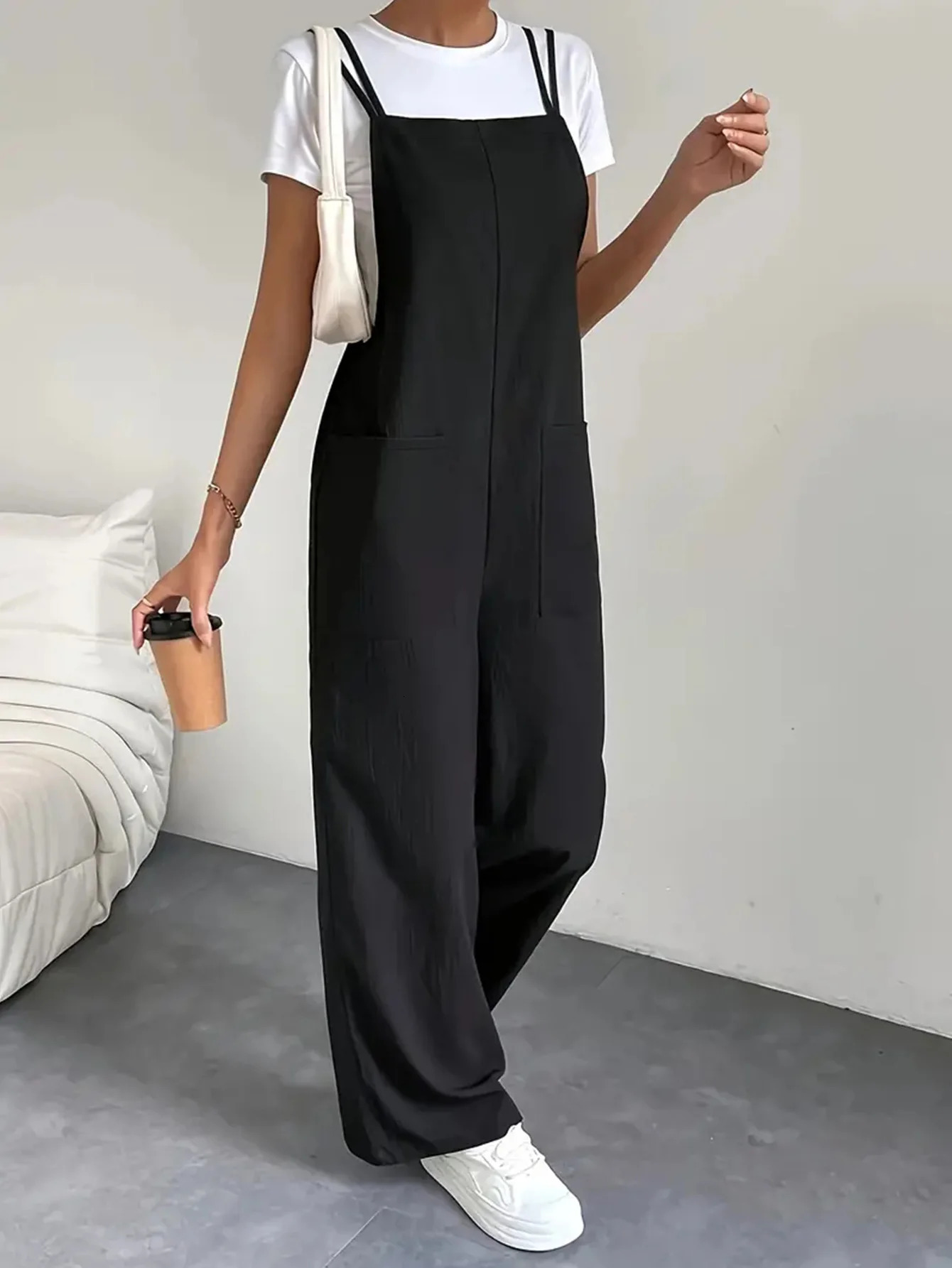 Fashion casual womens pure black jumpsuit pants with pockets shoulder straps thin straight leg workwear pants wide leg pants 250616