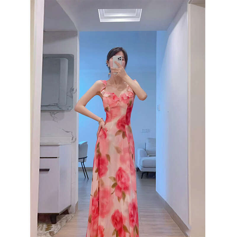 Clothes Women Designer Women Dresses 734 Summer New 2025 Sun Yi Same Style Romantic Rose Flower Square Neck Ruffle Vacation Long Dress
