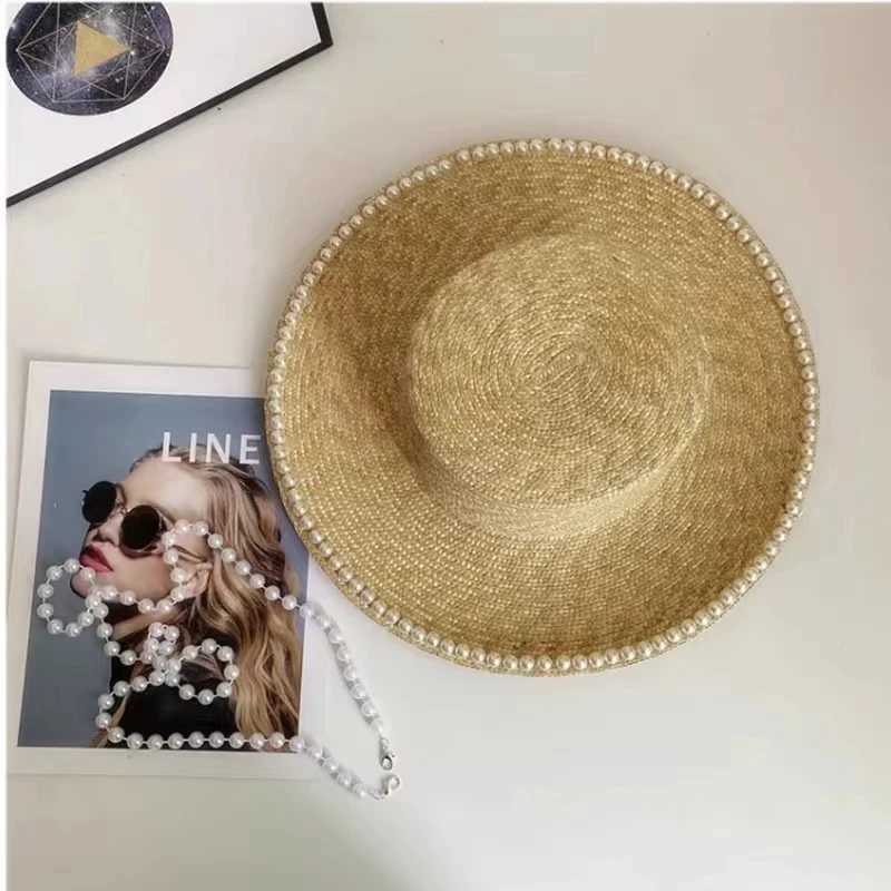 Wheat Straw Sun Hat For Women Summer Pearl Wide Brim Floppy Panama Fishermen Hats Female Lady Outdoor Foldable Beach Sun CapsXJ250617