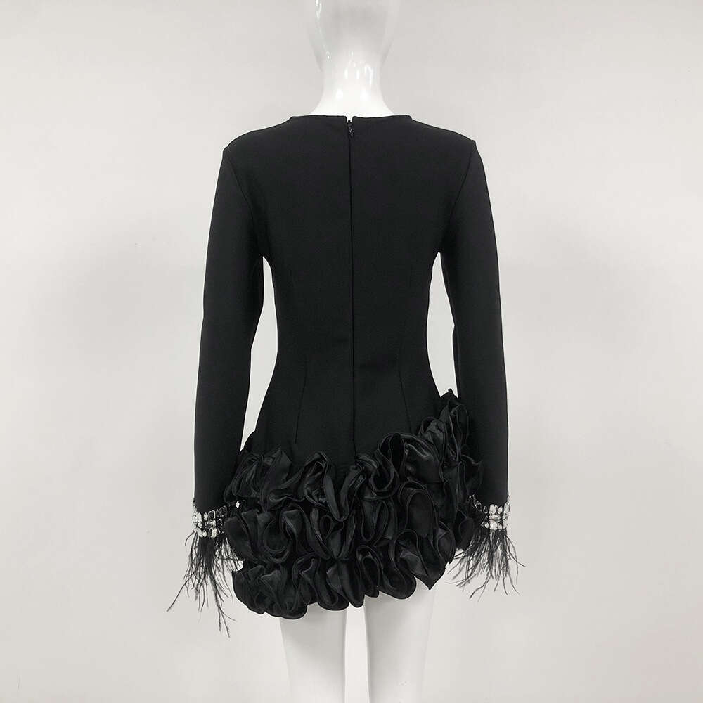 Autumn Winter New French Hepburn Style Layered Ruffle Irregular Long Sleeve Black Bandage Dress
