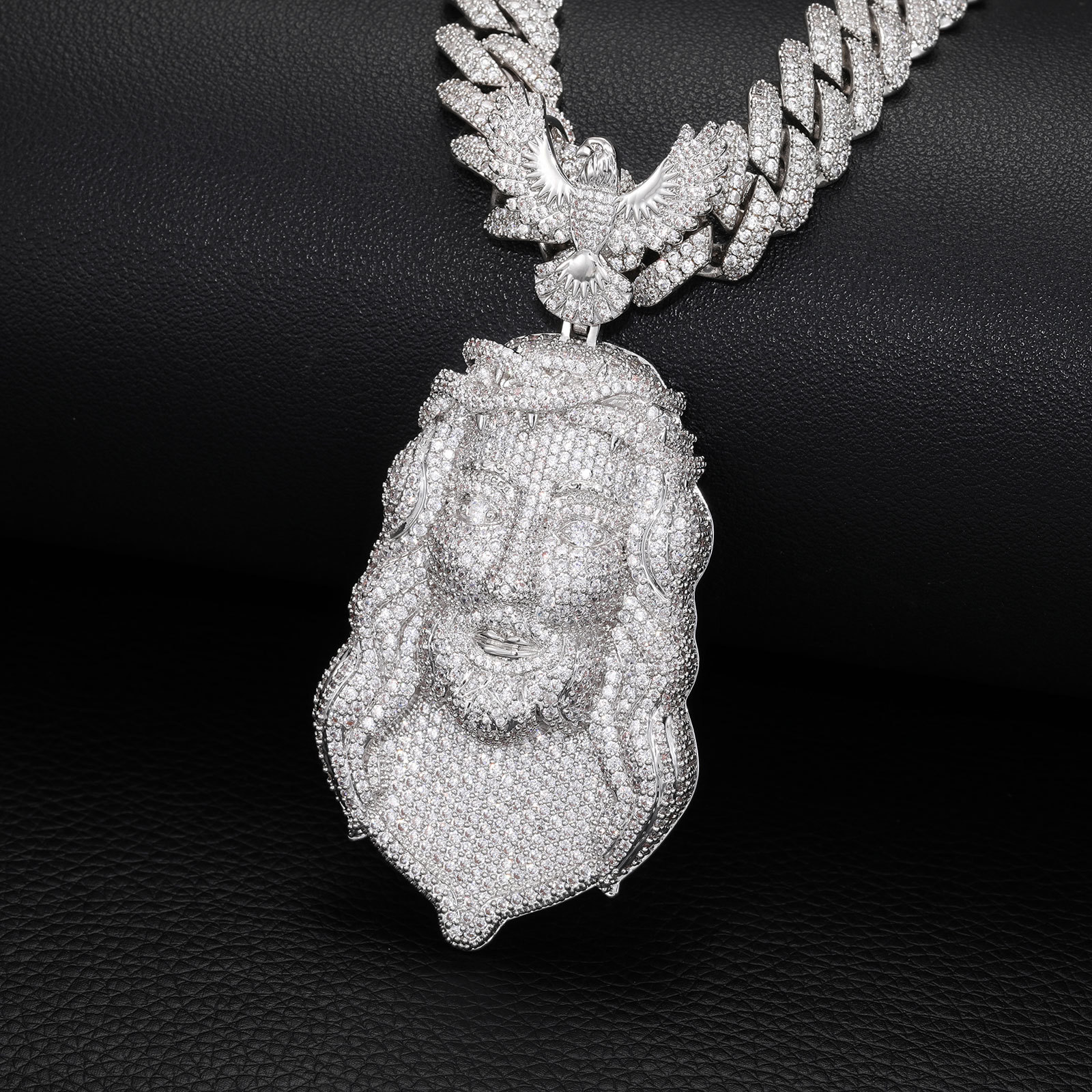 Hip Hop Eagle Clasp Jesus Face Pendant Necklace 5A Zircon Mens Religious Jewelry