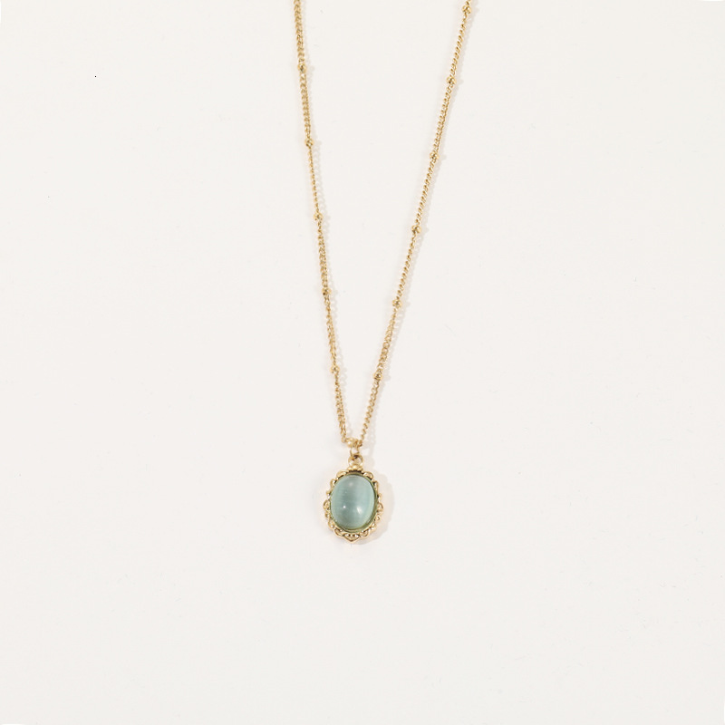 Fashion Light Style High-end Sense Lace Edge Freshwater Blue Cat's Eye Stone Necklace for Women Titanium Steel Elegant Non-fading Jewelry