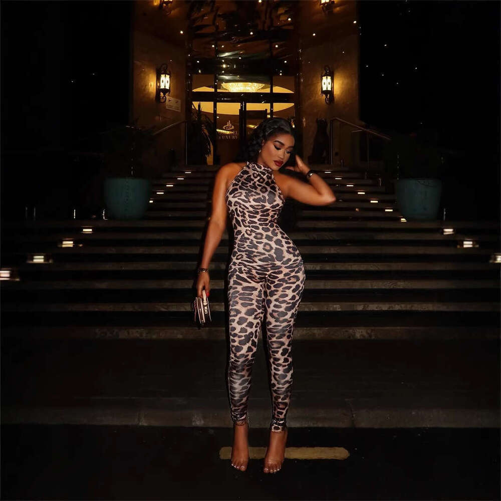 New Ins Fashion Trend Slim Sexy Leopard Print Stretch Versatile Sleeveless Jumpsuit Bodysuit B5