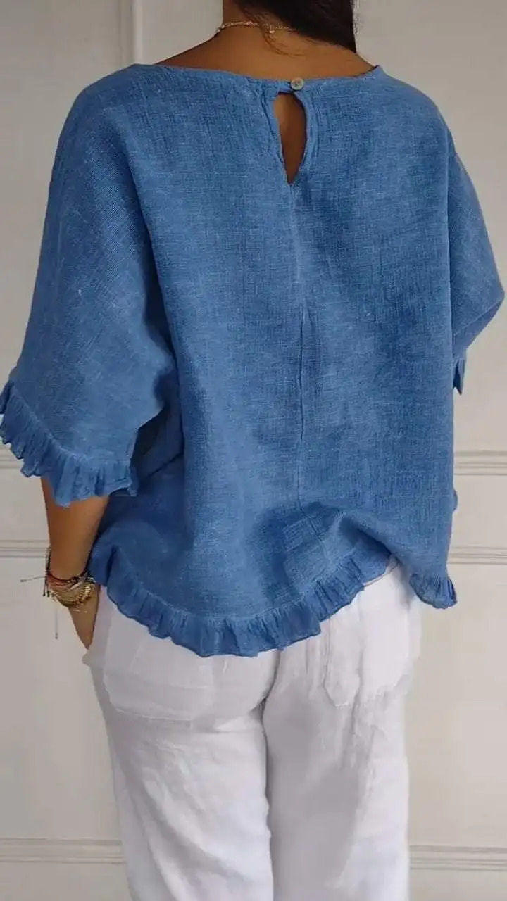 Cotton Blouse Shirts Summer O-Neck Short Sleeve Loose Casual Linen Blouse Tops Summer Cothes For Women Streetwear Blusa 250614