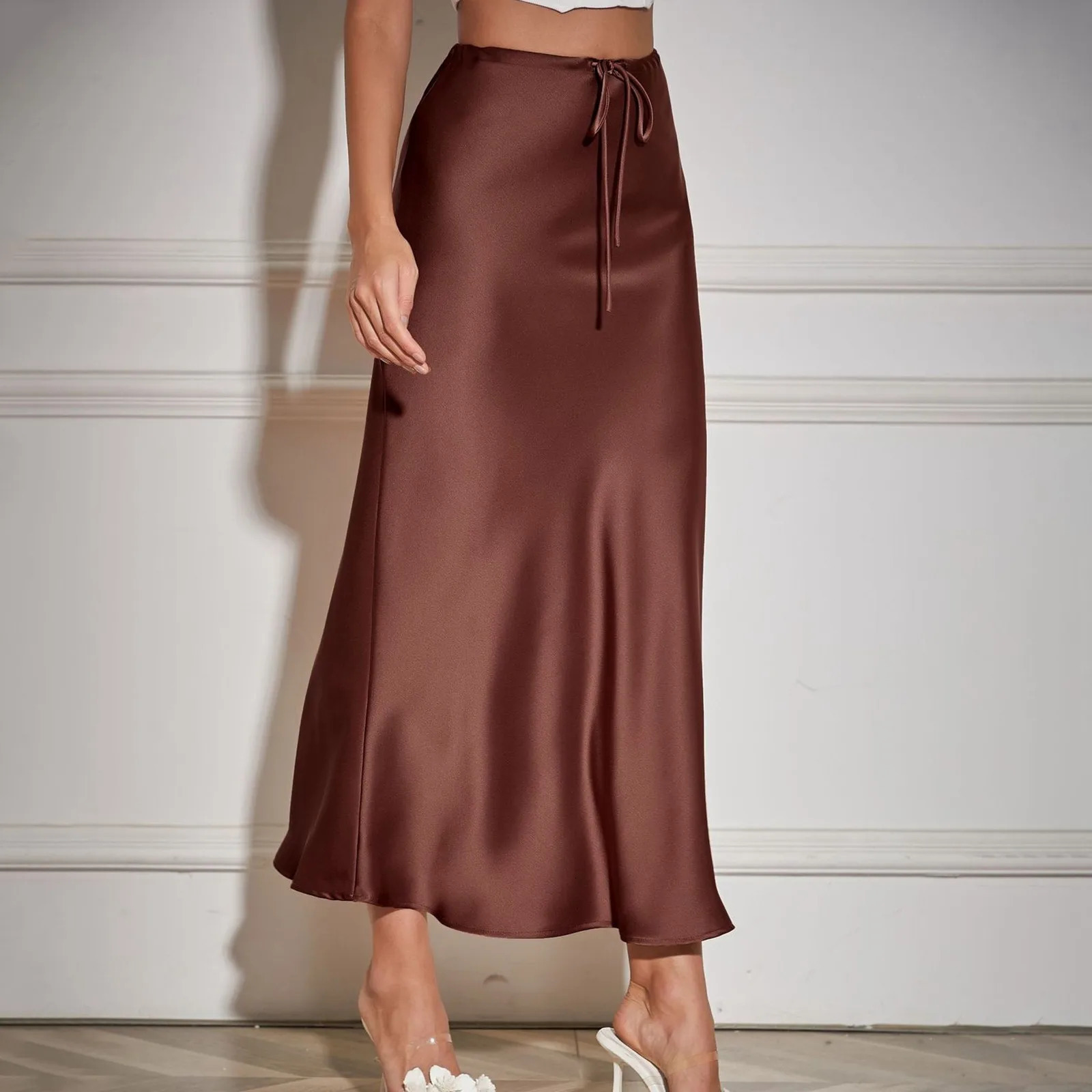 Top Selling Skirts For Women Plus Size WomenS Solid Color Satin Long Dress High Waist Drawstring Dress Ropa Para Mujer 250614