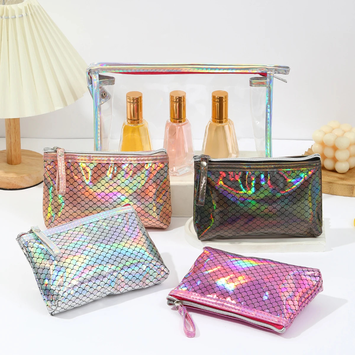 twopiece waterproof PVC cosmetic bag Laser fish scale storage and grooming Multi functional womens makeup bag 250614