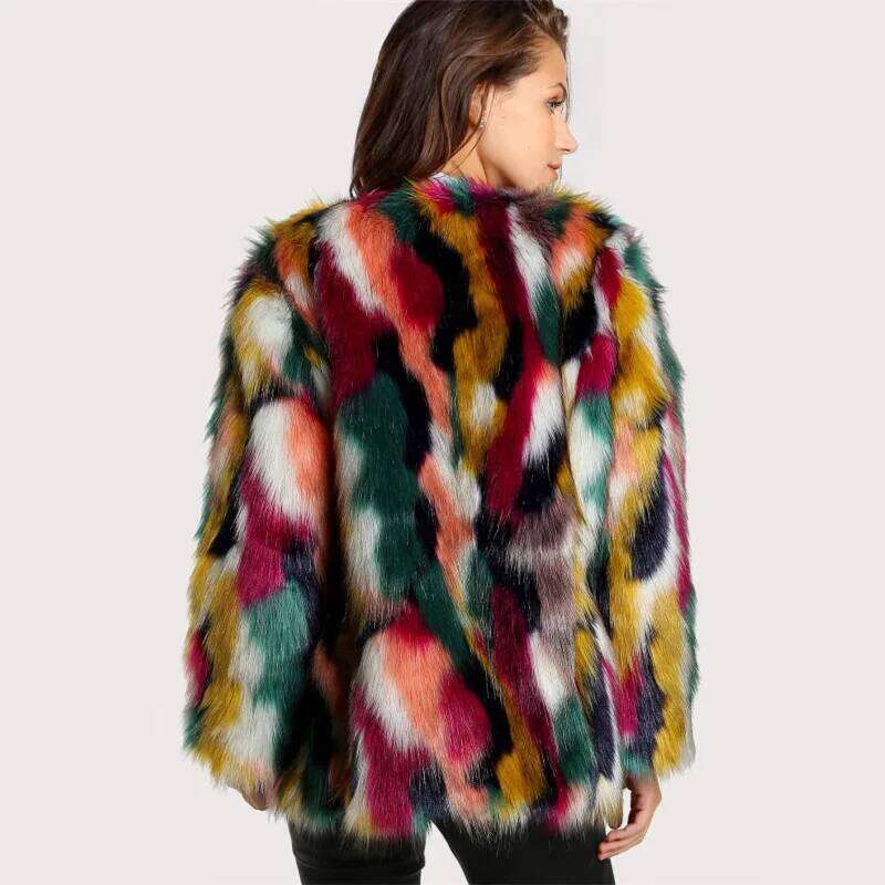 Fashion Contrast Multi Color Faux Fur Long Hairy Shaggy Outwear Autumn Winter Short Jacket Coat Tops Women Clothes