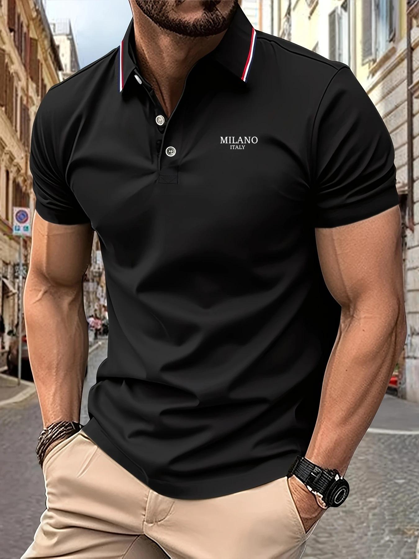 2025 Mens Polo Shirt MILANO ITALY Letter Print Summer Lapel Stripes Men Short Sleeve Casual Breathable Light TShirt 250617