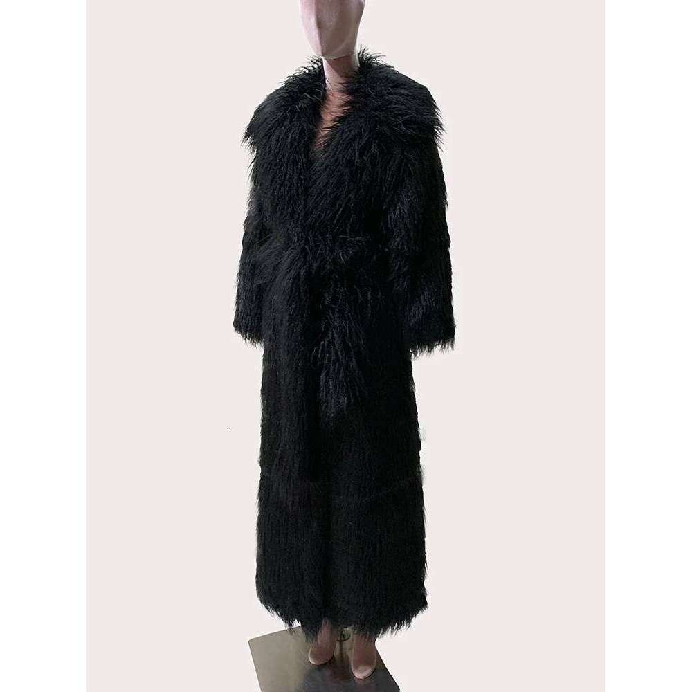 Mauroicardi Winter Extra Long Black Thick Warm Shaggy Fluffy Fuzzy Faux Fur Coat Women Sashes Elegant Maxi Furry Overcoat