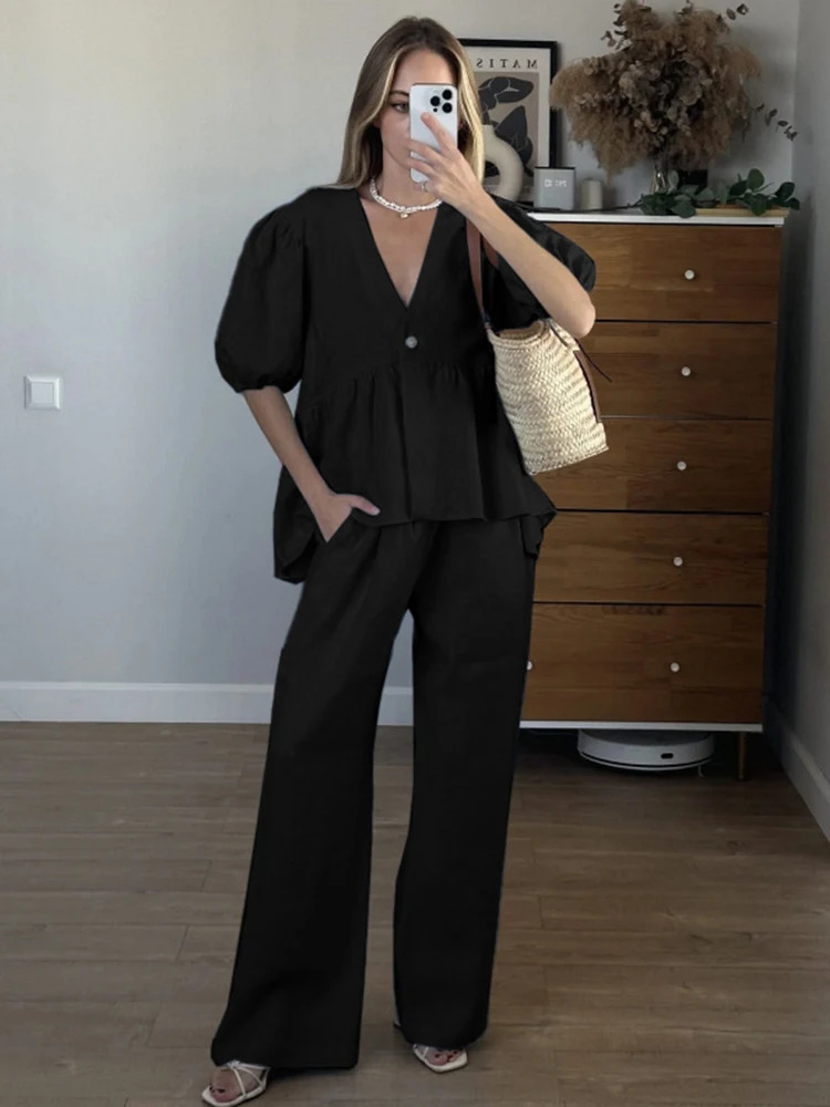 Mumaroho 2025 Women Spring Summer Holiday Pant Set Suits Cotton Solid Outfits V-neck 2 Two Piece Matching Set For Women 250616