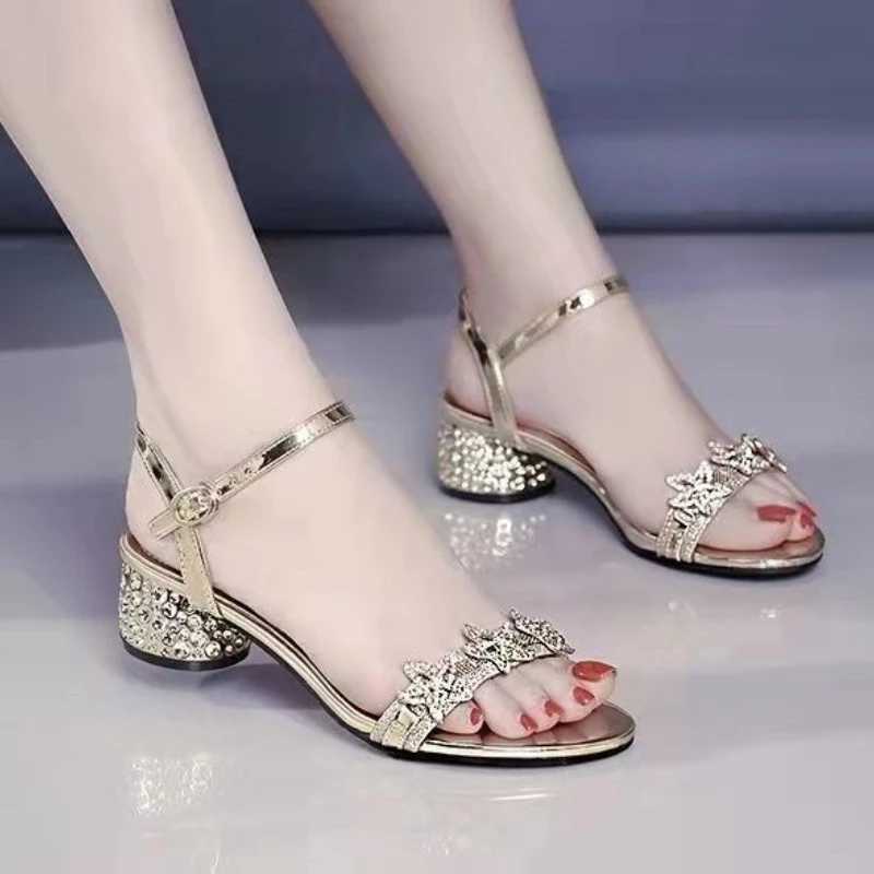 Ladies Shoes RhinESTones Open Toe With Medium Heels Womens Sandals Asian Size Comfortable and Elegant Sandal 2025 Shoe Z250617