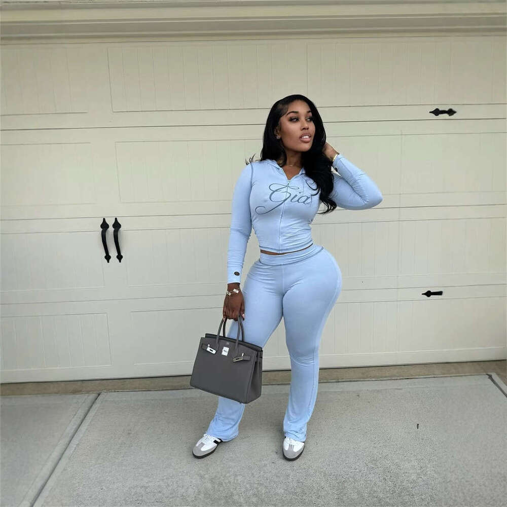 Summer Fashion Solid Color Short Hoodie Top Sexy Tight Long Pants Set B5