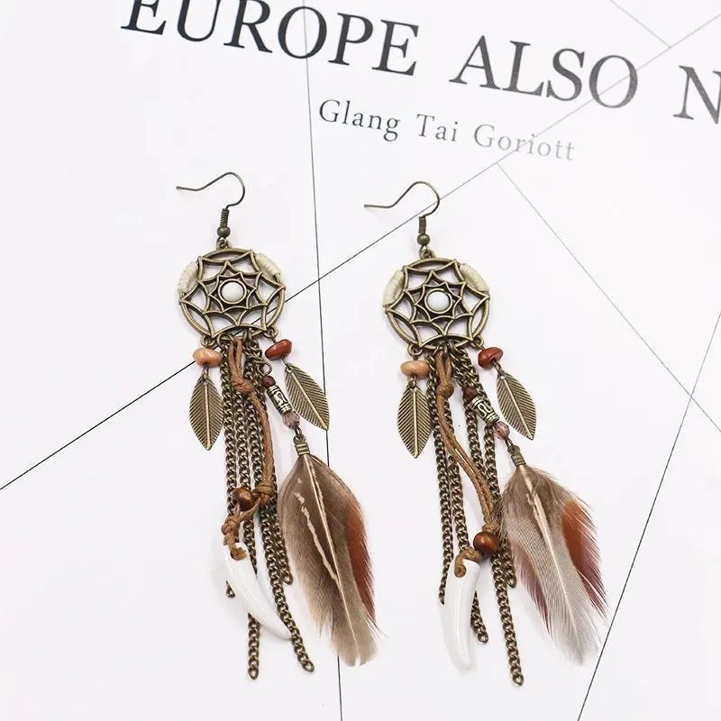 Boho Tribal Ethnic Vintage Dream Catcher Feather Leaf Long Tassel Dangling Earrings Women Vacation Jewelry 250610