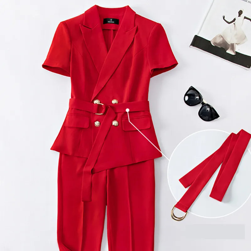 Fashion Conjuntos Feminino Elegante Women Pants Suit With Belt Summer Short Sleeve Blazer and Trousers Two Piece Set 250612