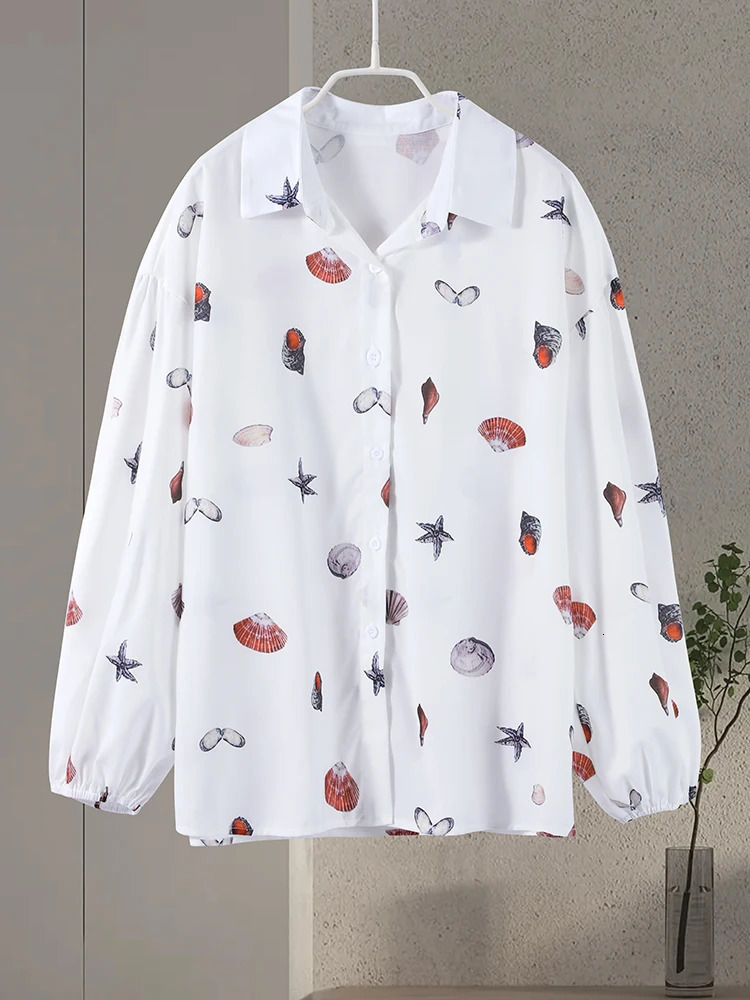 Shell Print Shorts Set Women Loose Lapel Lantern Sleeve Single Breasted Shirt Short Pant 2025 Summer Beach 2 Pieces Lady Outfit 250614