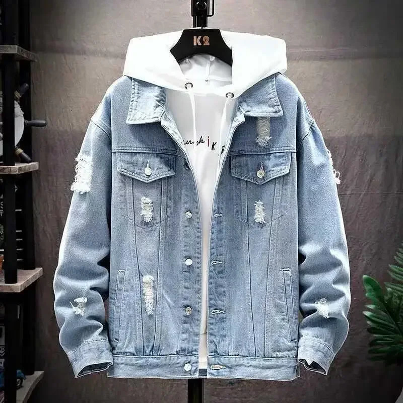 Men Denim Jacket 2025 Ripped Hole Single Breasted Coats Spliced Outerwear Jackets Pockets Casual Loose Washed Distressed 250616