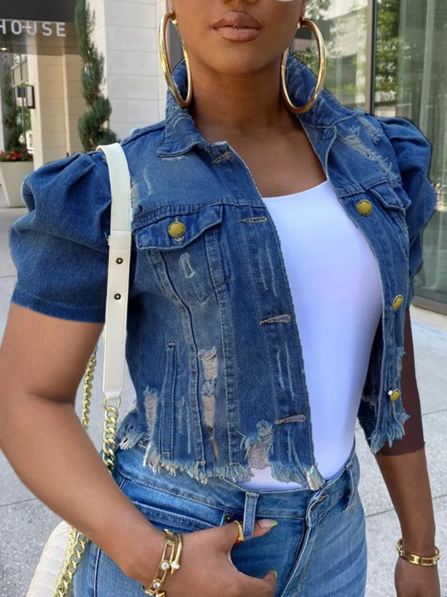 LW Spring Summer Plus Size Puff Sleeve Ripped Denim Jacket Street Plain Short Sleeve Button Turndown Collar Coat for Women 250616