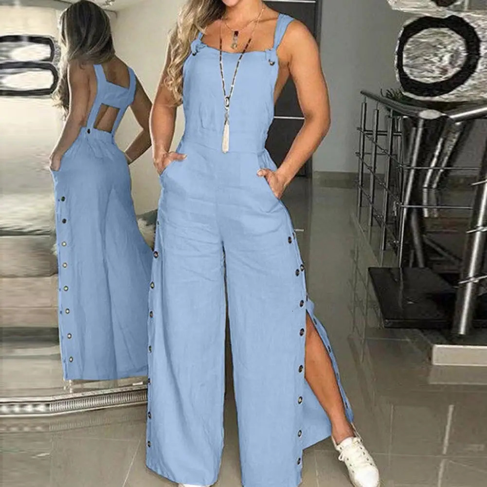 Womens Sleeveless Wide Leg Jumpsuit with Side Pockets And Button Closure Solid Color Loose Straight-Leg Romper for Women 250616