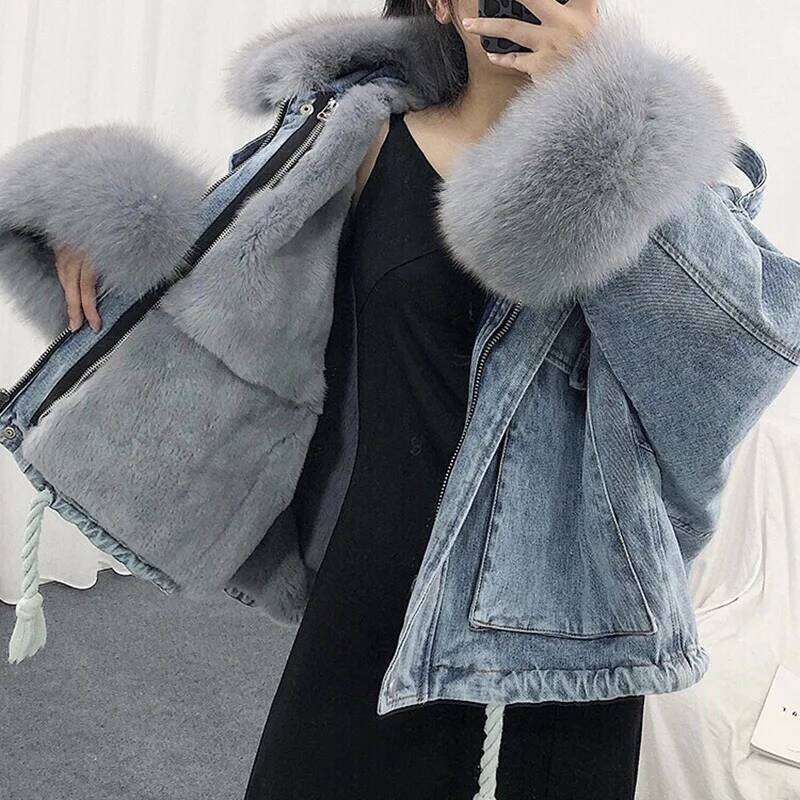 Outerwear Winter Warm Big fur collarPlus Veet Thick Korean Style Removable Loose Denim Women Jacket JK234