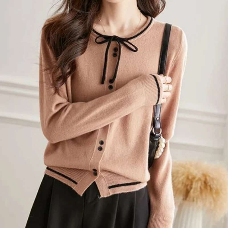 Knitted Sweater Woman Round O Neck Cardigan for Women Jacket Outerwear Elegant Casual Aesthetic Y2k Long Sleeve Fall 2025 Light