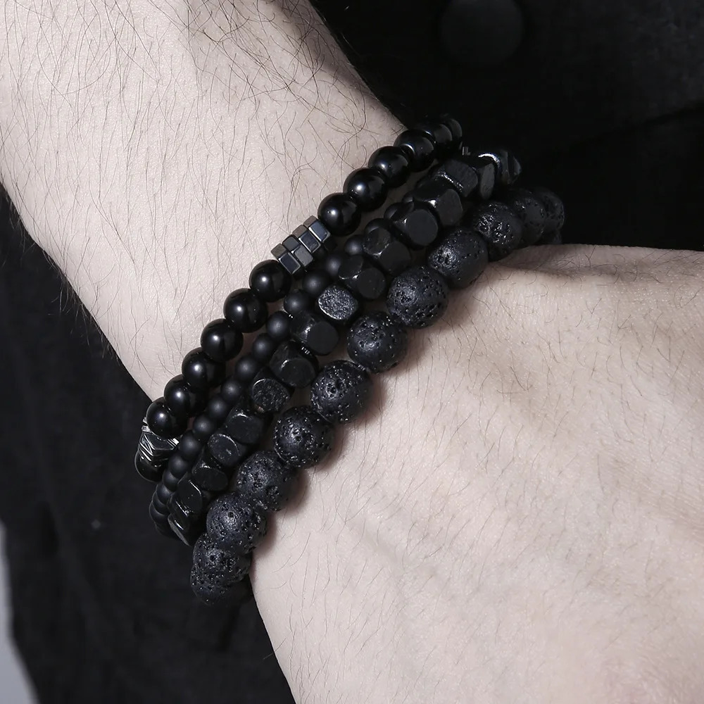4PC Volcano Stone Black Gallstone Beaded Bracelets for Men Trendy Fashion Lava Wood Beads Bracelet Set Combination Hip Hop Gifts 250616