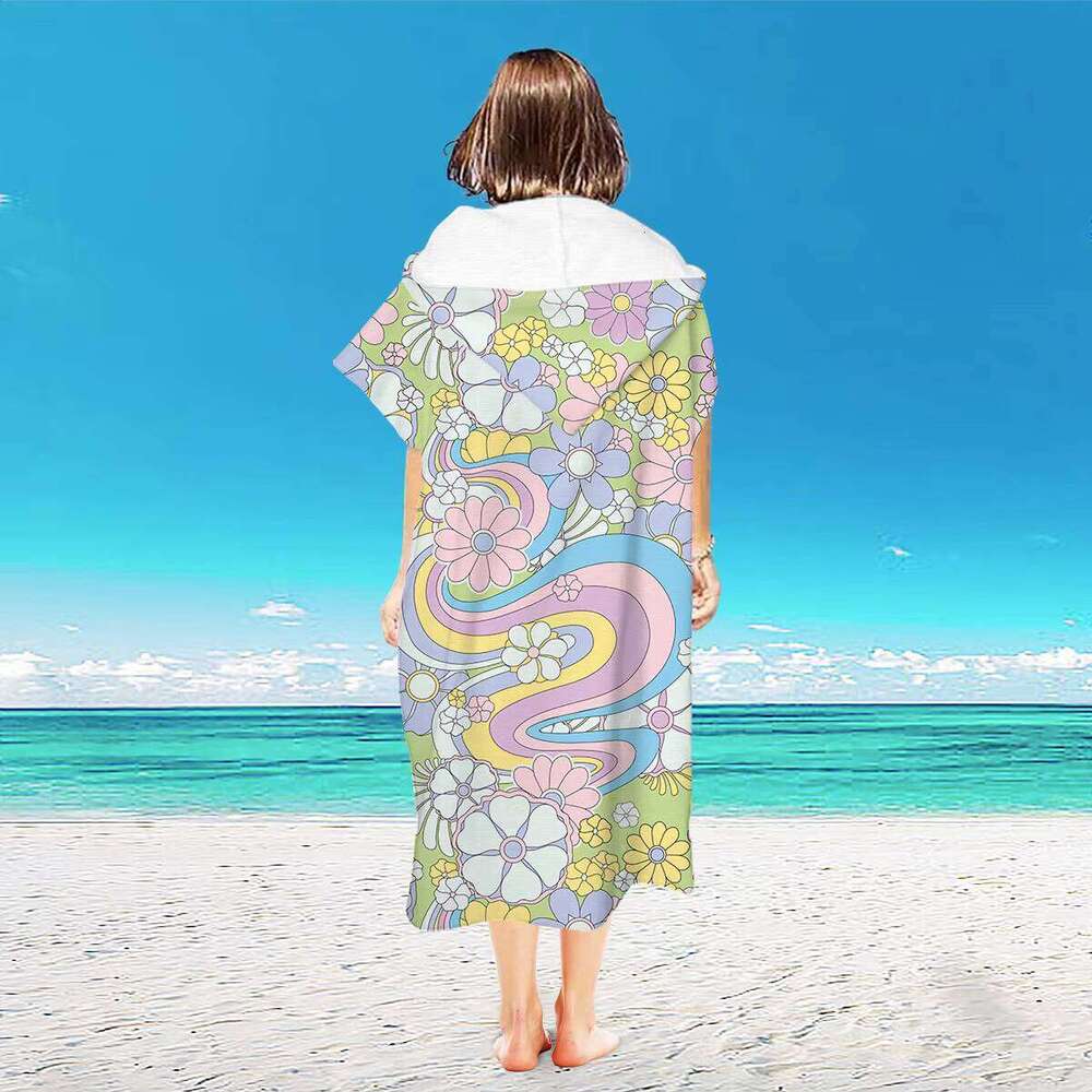High Quality Microfiber Hooded Poncho Bath Towel Quick Dry Striped Weaving Pattern Printed For Adult Children