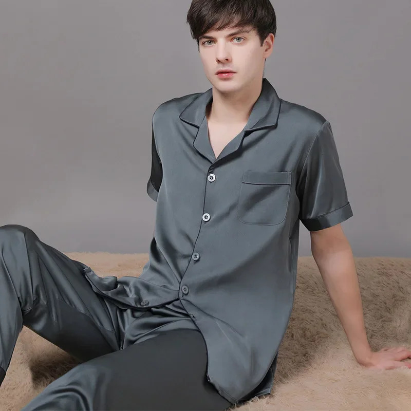 High Qaulity Pajamas Suit Men Summer Shortsleeved Trousers Sleepwear Spring Ice Silk Loungewear Solid Gent 250614
