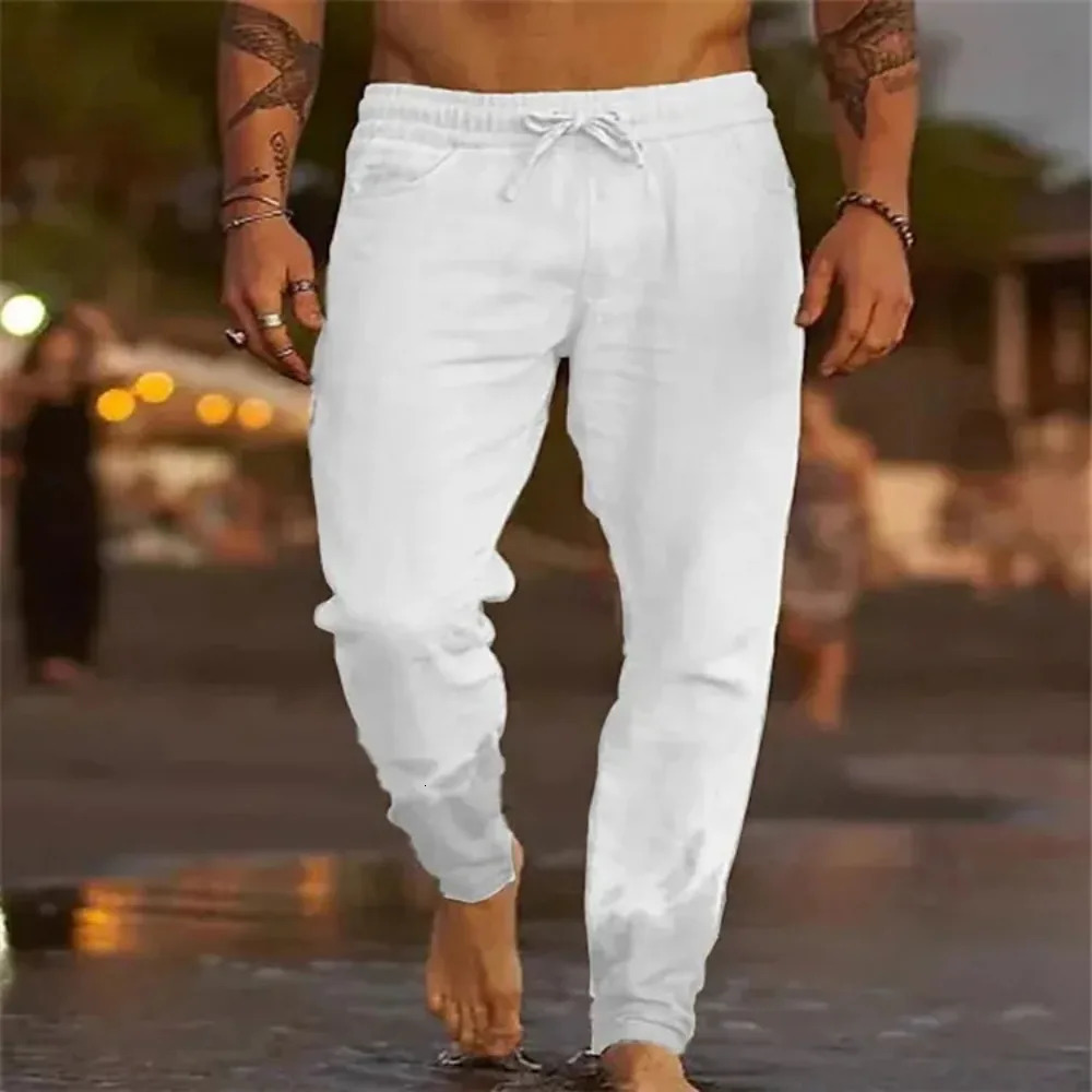 Mens Beach Pants Joggers Streetwear Cotton Linen Sweatpants Casual Pants Hawaiian Vacation Loose Summer Straight Pants Male 250614