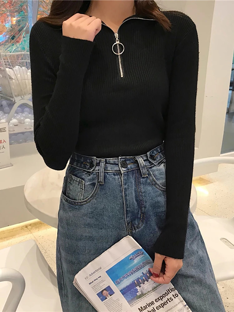 Knitted Women Zipper High Neck Sweater Pullovers Turtleneck Autumn Winter Basic Women Sweaters Slim Fit Black Pull Femme 250614