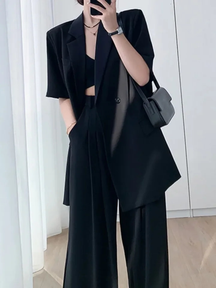 Short Sleeve Wide Leg Pants Blazer Suit Two Piece Set Summer Fashion Work Business Casual Female Clothes 250612