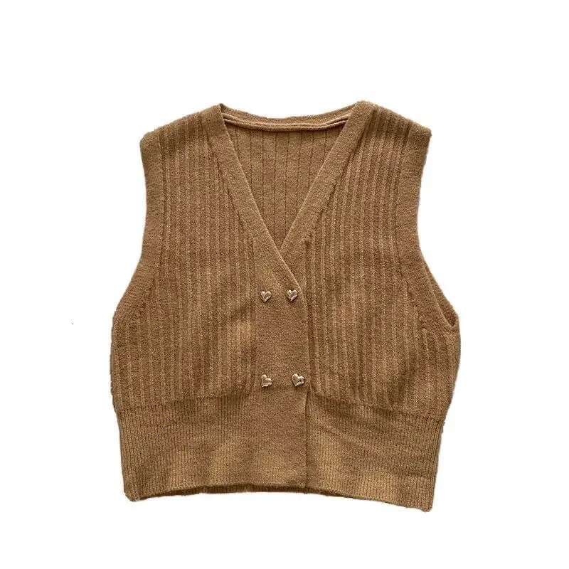 Winter Button Knitted Top for Women Brown V-neck Ladies Sweaters Vest Warm Thermal Blouse Tall Tops Crochet Trend 2025 Jersey
