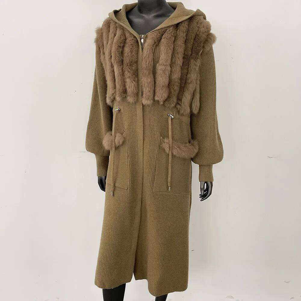 OFTBUY Long Cardigan Women 2025 New Spring Autumn Solid Sweater Lady Real Fox Fur Knitted Coat Fashion Hooded Knitwear Female