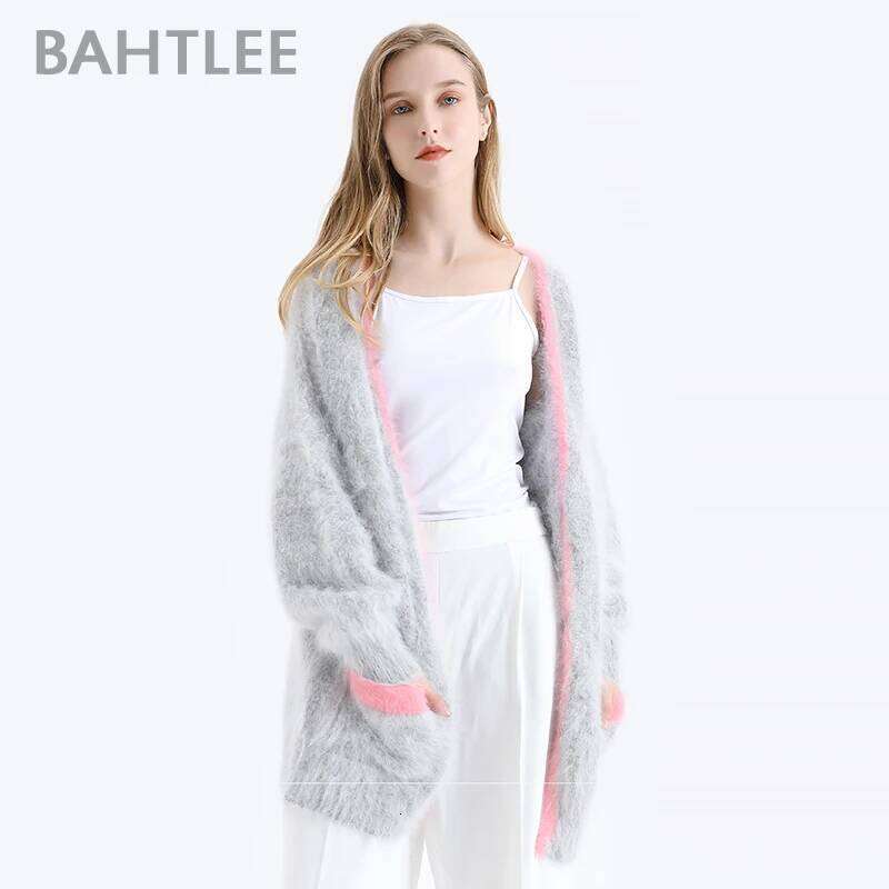 BAHTLEE-Knitted Cardigans for Women, Sweater with Pocket, Wool Angora Coat, Long Sleeves, V-Neck, Patchwork, Winter
