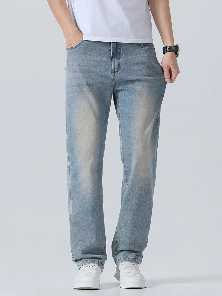 Summer Thin Mens Printed Jeans Breathable Fashion Business Loose Pants Washing Vintage Casual Denim Trousers Male 250616
