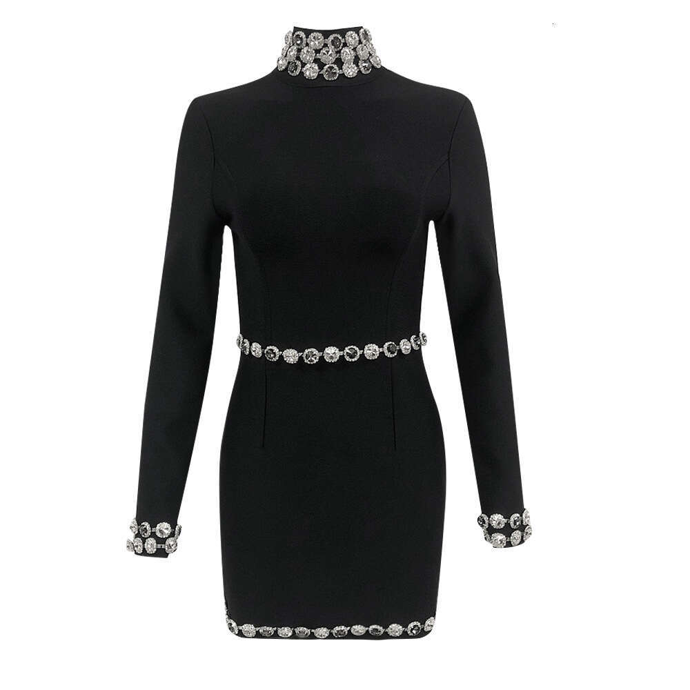 Autumn New Fashion Black Long Sleeve High Neck Tie Bandage Slim Fit Women's Short Dress
