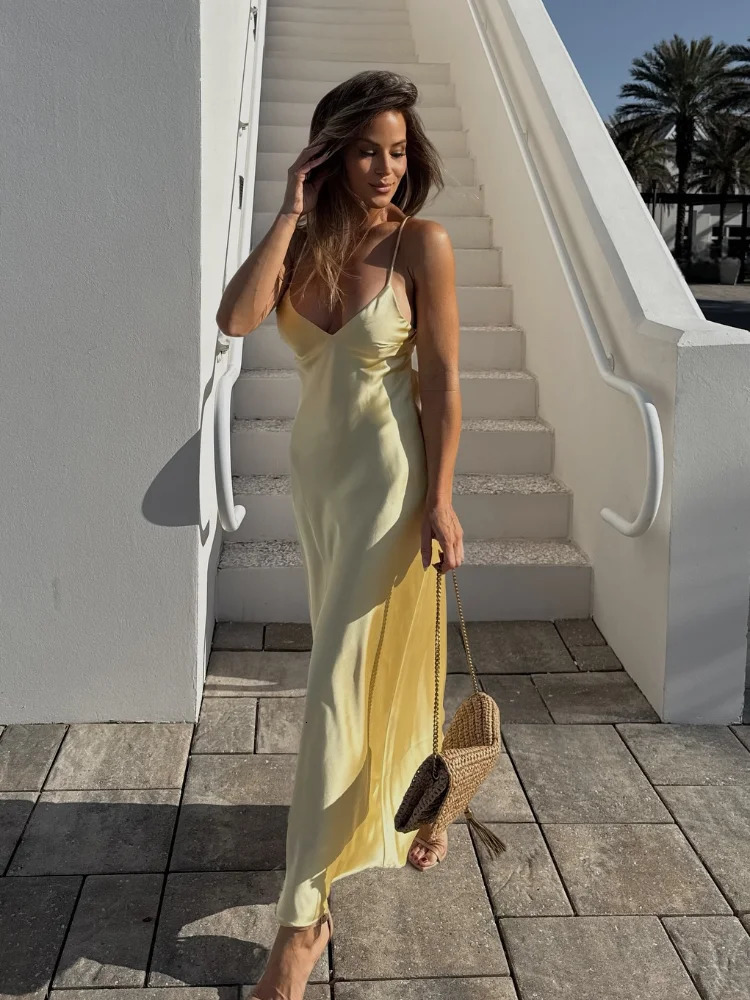 Sexy Yellow Ribbon Silk Satin Sling Dress Women Elegant Sling Collar Backless Long Dresses 2025 Women Beach Vacation Robes 250616